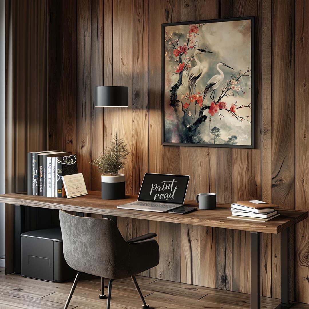 This elegant artwork, reminiscent of traditional Asian ink wash painting, features two graceful whi… for office