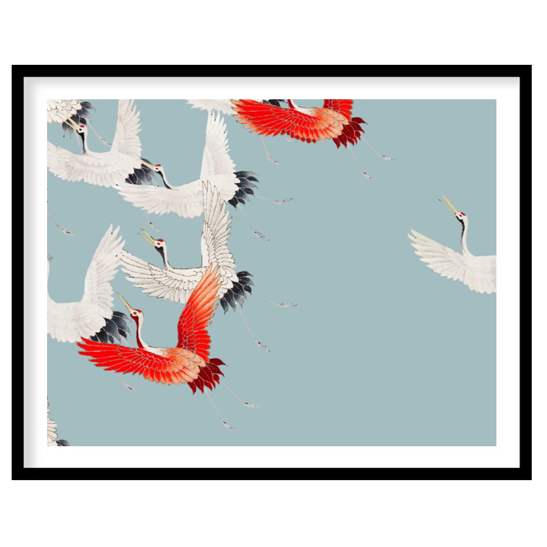 This elegant and striking pattern features a multitude of Japanese Red-crowned Cranes in various st… for place