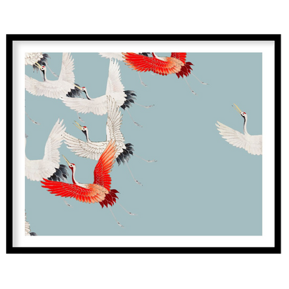 This elegant and striking pattern features a multitude of Japanese Red-crowned Cranes in various st… for place
