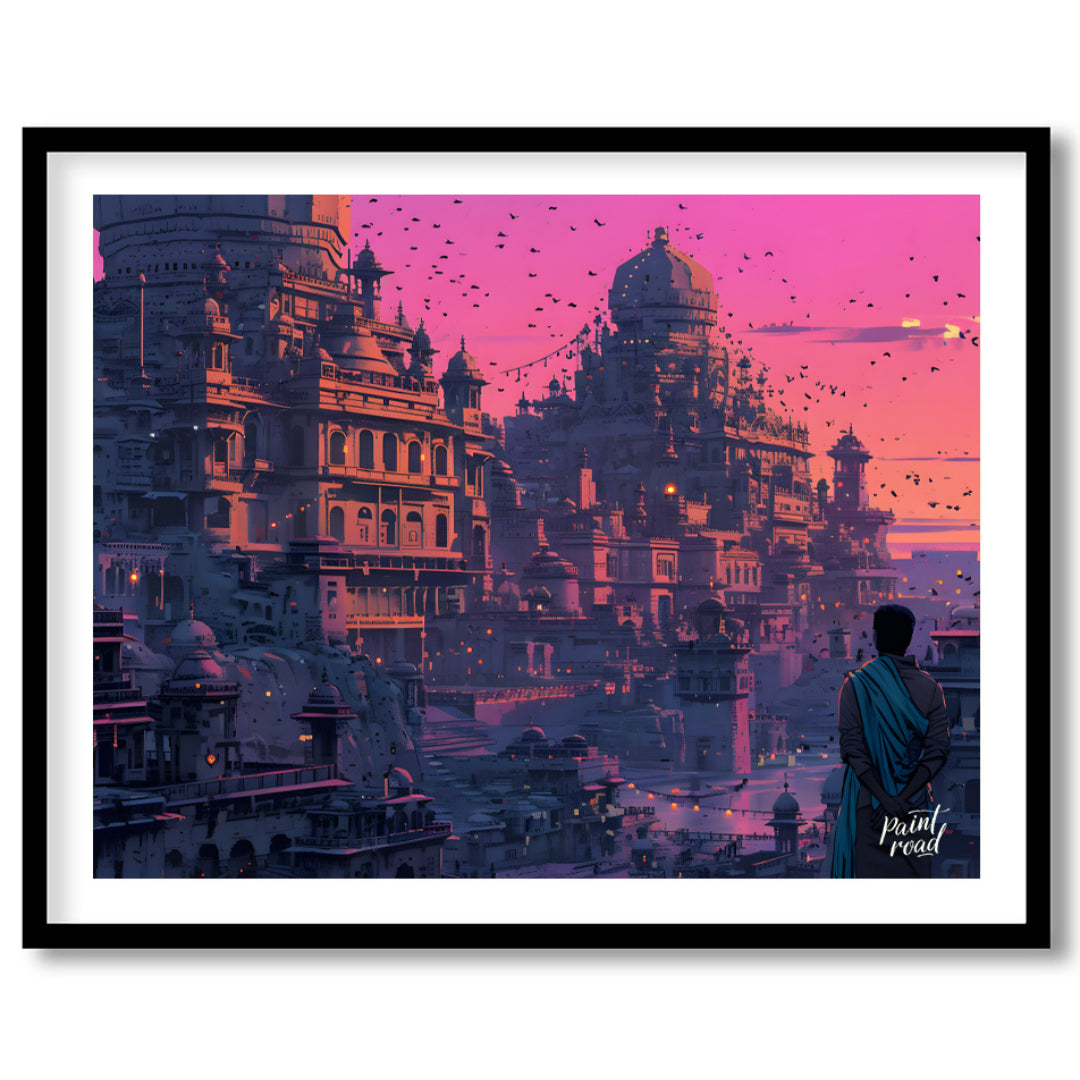 This vibrant art captures a breathtaking sunset over an ancient city nestled into a rugged landscap… for abode