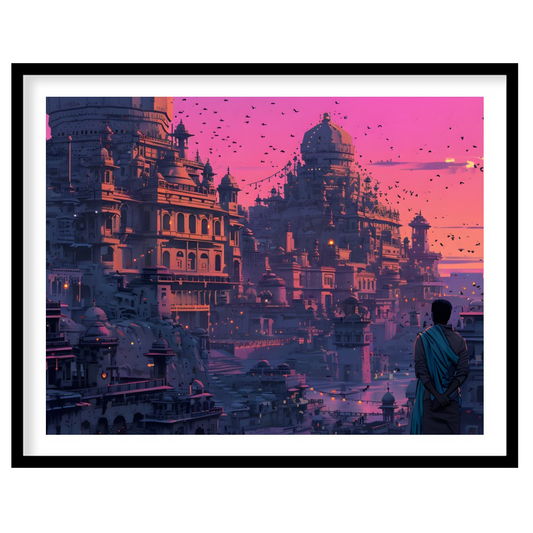 This vibrant art captures a breathtaking sunset over an ancient city nestled into a rugged landscap… for abode