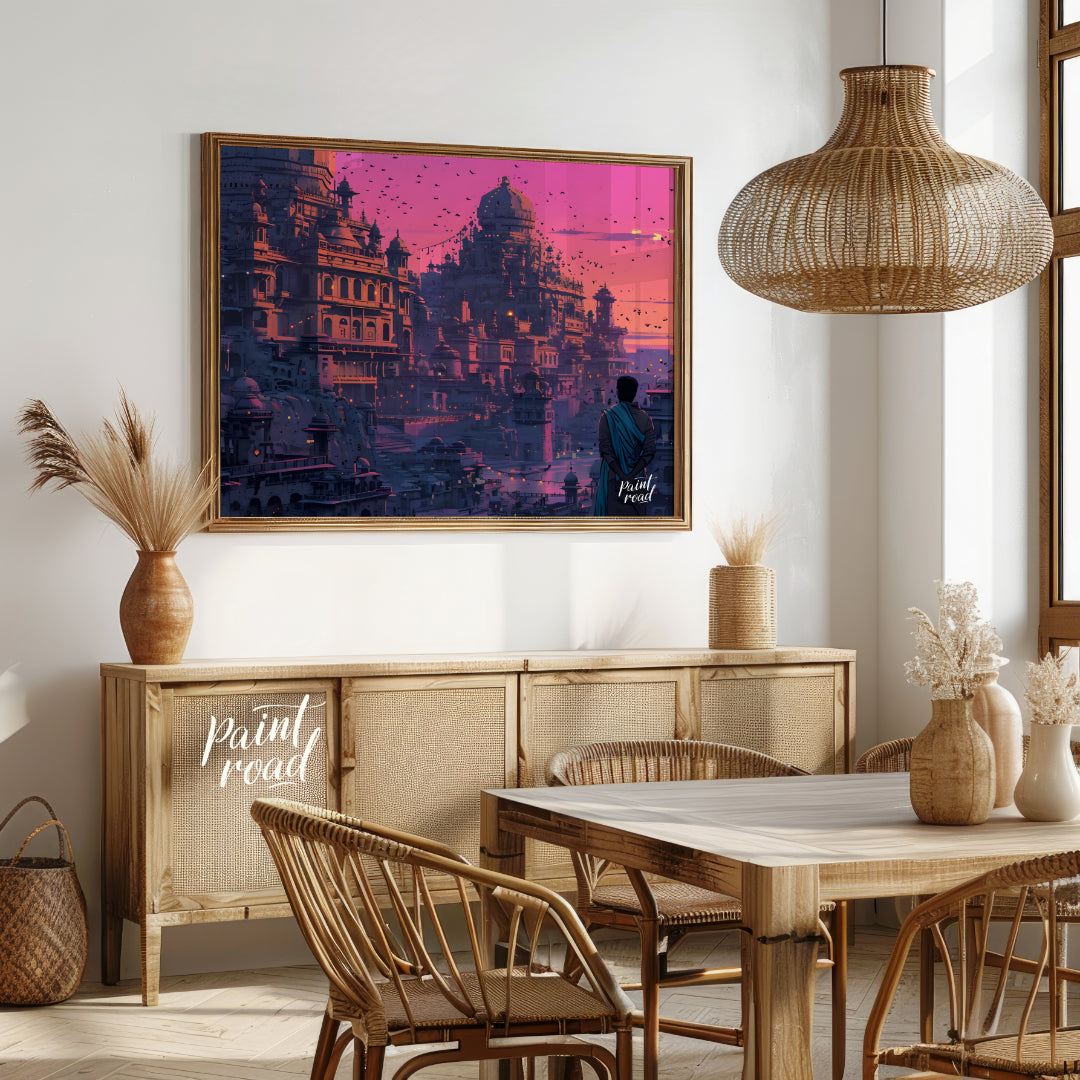 This vibrant art captures a breathtaking sunset over an ancient city nestled into a rugged landscap… for dining room