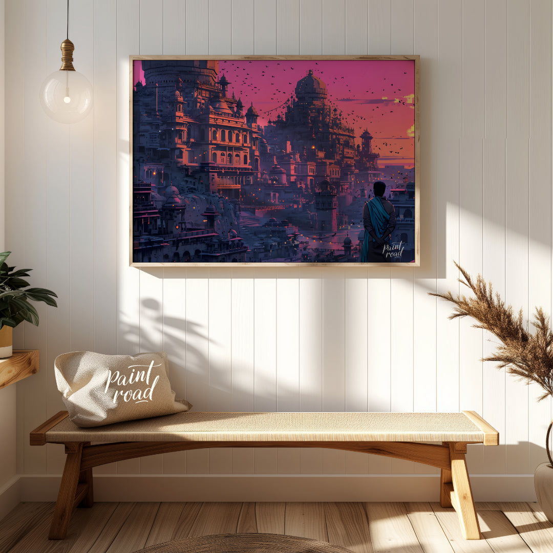 This vibrant art captures a breathtaking sunset over an ancient city nestled into a rugged landscap… for entryway