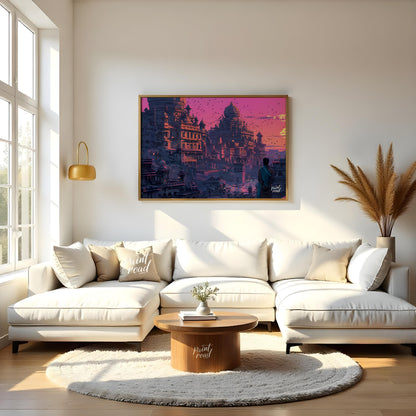 This vibrant art captures a breathtaking sunset over an ancient city nestled into a rugged landscap… for living room