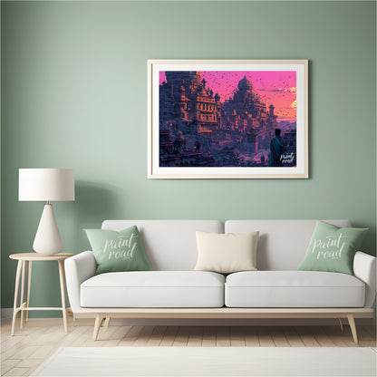 This vibrant art captures a breathtaking sunset over an ancient city nestled into a rugged landscap… for living room