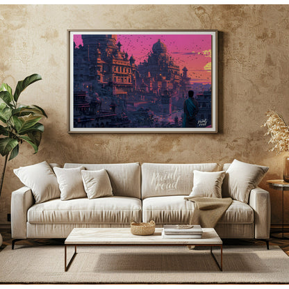 This vibrant art captures a breathtaking sunset over an ancient city nestled into a rugged landscap… for living room
