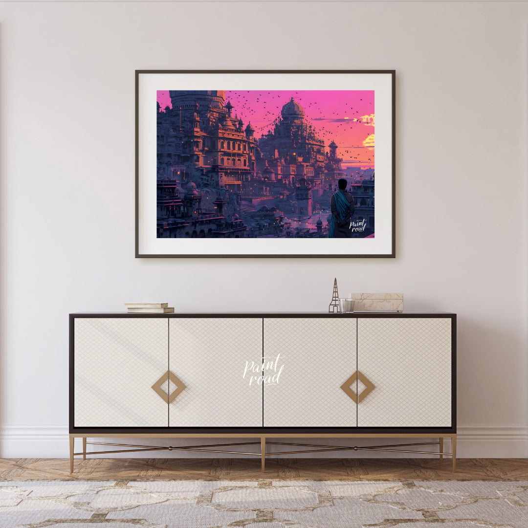 This vibrant art captures a breathtaking sunset over an ancient city nestled into a rugged landscap… for living room