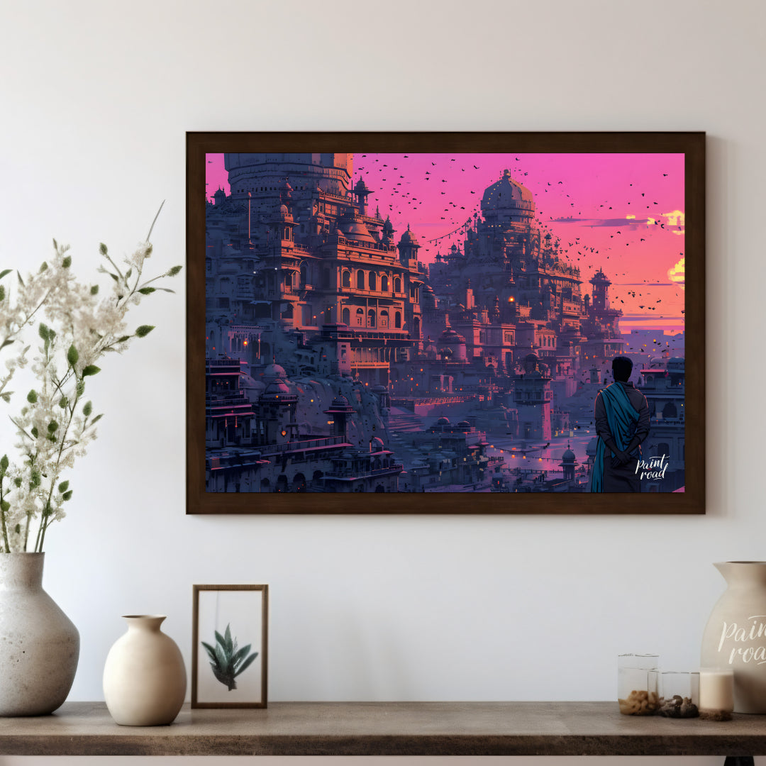 This vibrant art captures a breathtaking sunset over an ancient city nestled into a rugged landscap… for living room
