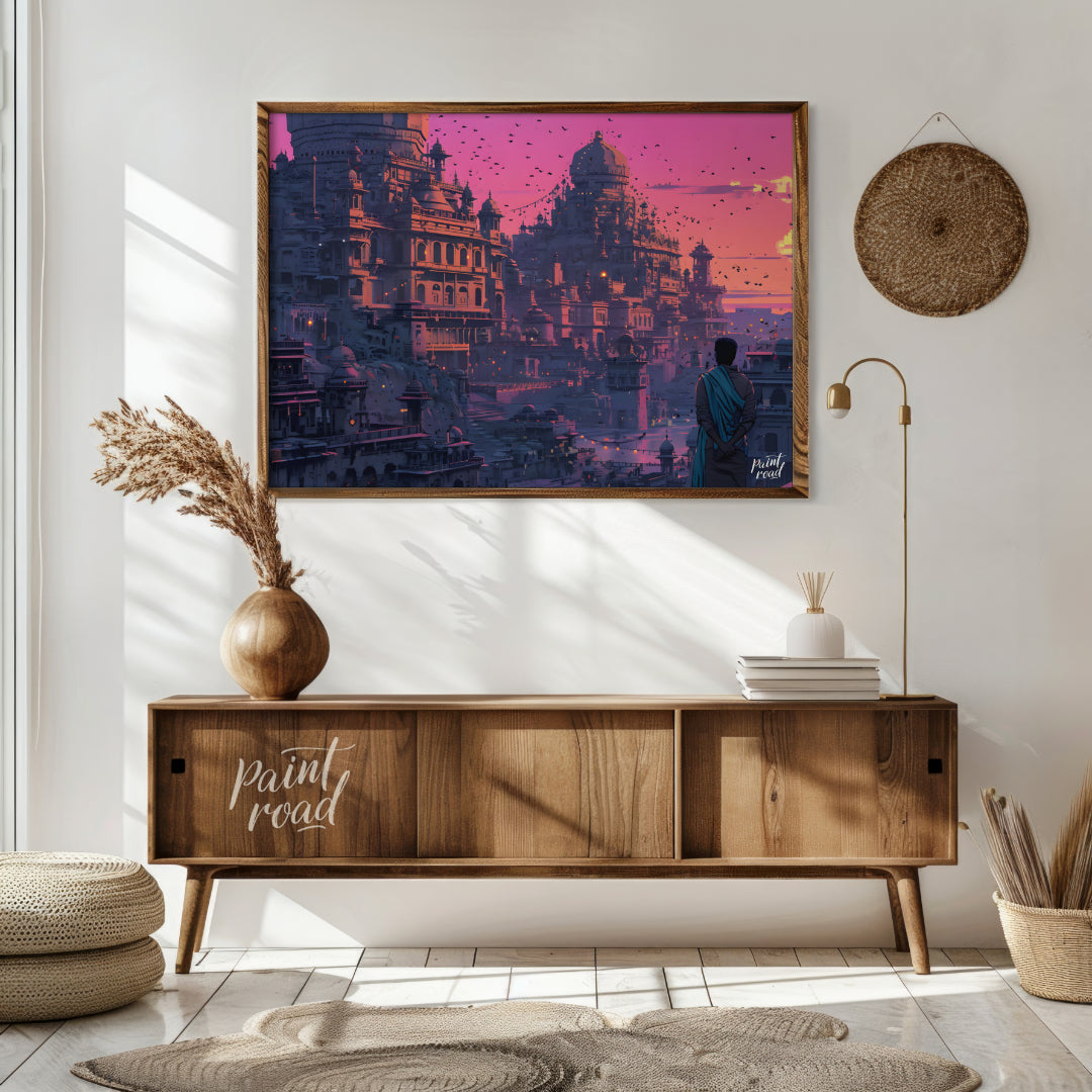 This vibrant art captures a breathtaking sunset over an ancient city nestled into a rugged landscap… for living room