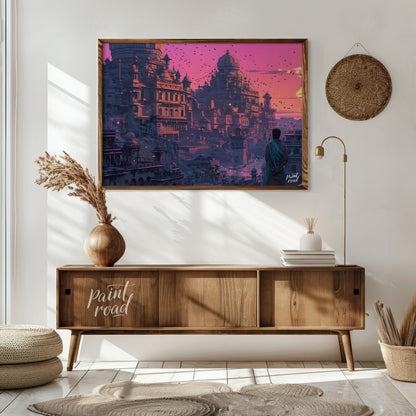 This vibrant art captures a breathtaking sunset over an ancient city nestled into a rugged landscap… for living room