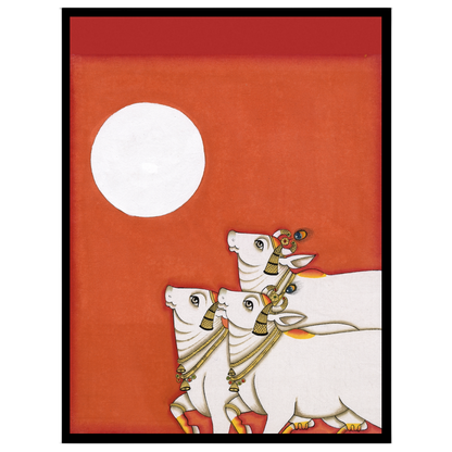 Immerse in the tranquil elegance of a Pichwai masterpiece depicting three sacred cows basking under for bedroom