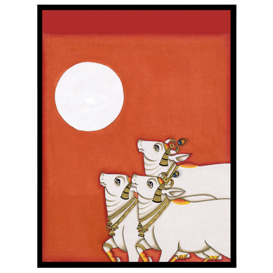 Immerse in the tranquil elegance of a Pichwai masterpiece depicting three sacred cows basking under for bedroom