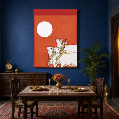 Immerse in the tranquil elegance of a Pichwai masterpiece depicting three sacred cows basking under for Dining