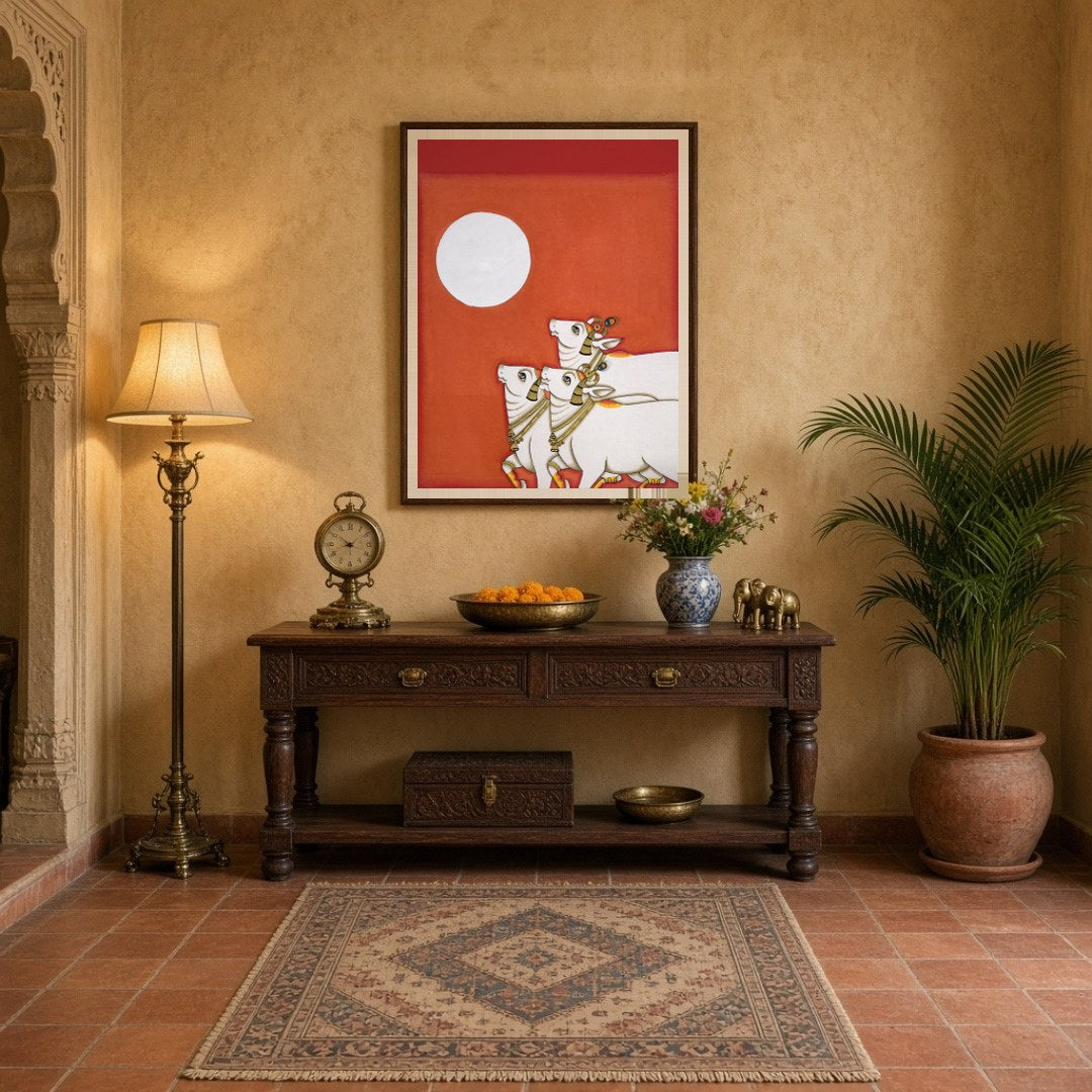 Immerse in the tranquil elegance of a Pichwai masterpiece depicting three sacred cows basking under for Entrance