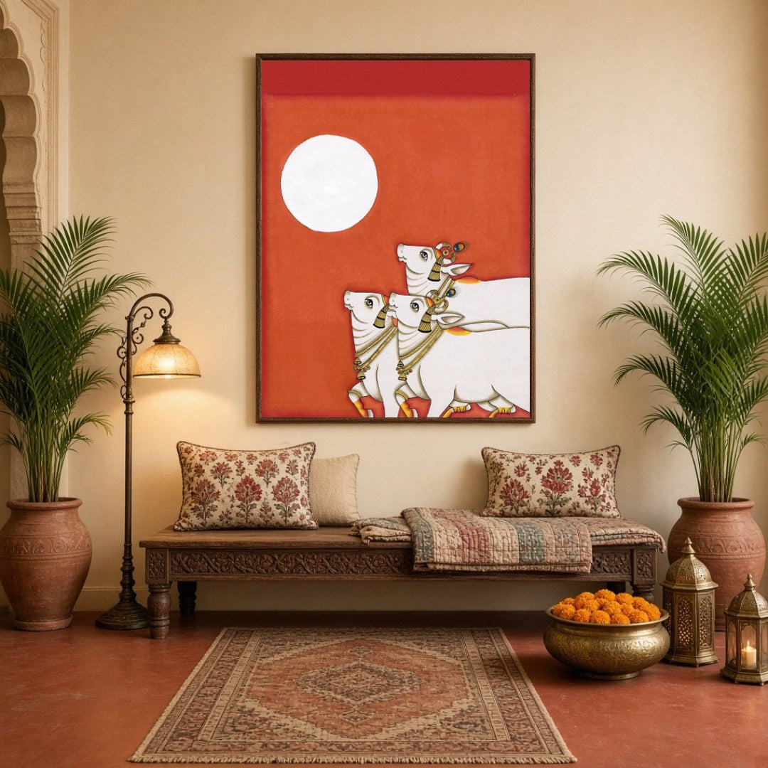 Immerse in the tranquil elegance of a Pichwai masterpiece depicting three sacred cows basking under for Hallway