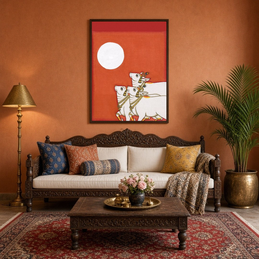 Immerse in the tranquil elegance of a Pichwai masterpiece depicting three sacred cows basking under for Living Room