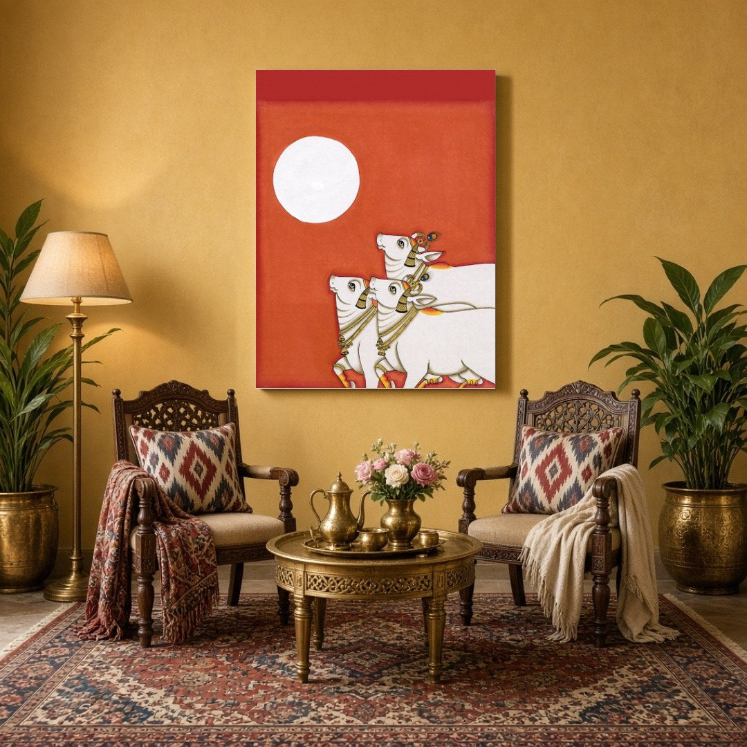 Immerse in the tranquil elegance of a Pichwai masterpiece depicting three sacred cows basking under for Sitting Area