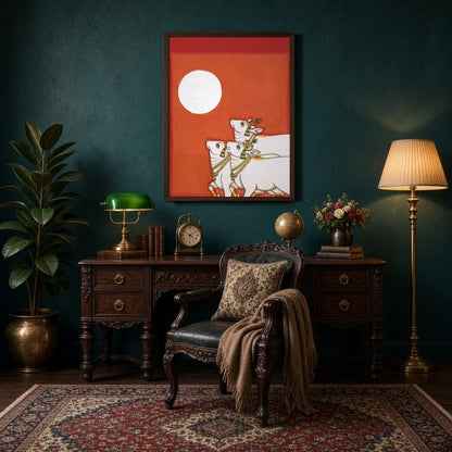 Immerse in the tranquil elegance of a Pichwai masterpiece depicting three sacred cows basking under for Study