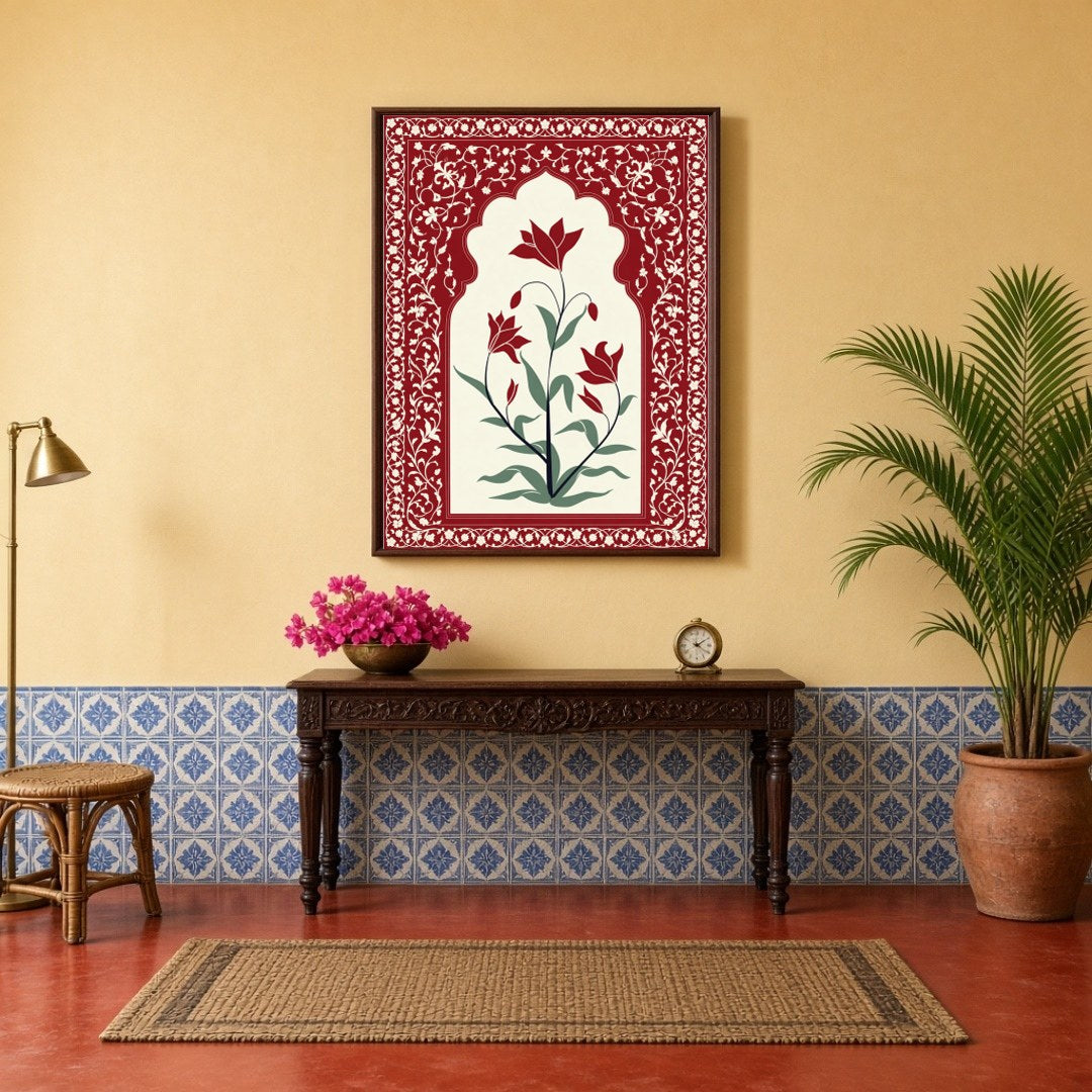 Immerse yourself in the regal allure of Mughal artistry with this exquisite floral piece. Featuring for Hallway