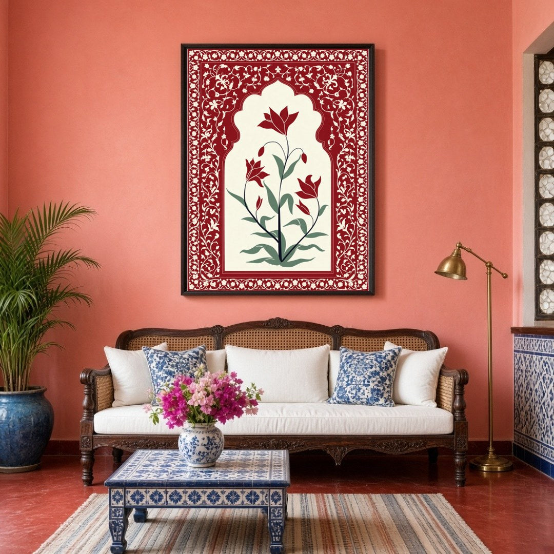 Immerse yourself in the regal allure of Mughal artistry with this exquisite floral piece. Featuring for Living Room