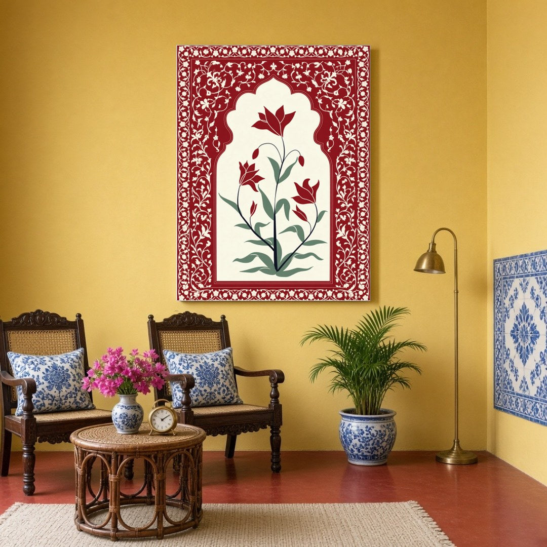 Immerse yourself in the regal allure of Mughal artistry with this exquisite floral piece. Featuring for Sitting Area