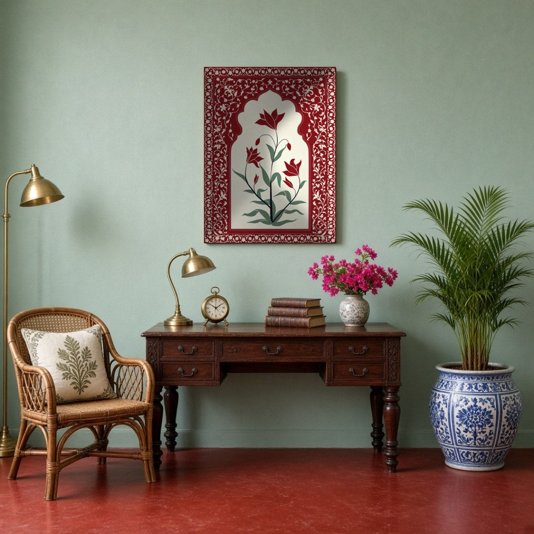 Immerse yourself in the regal allure of Mughal artistry with this exquisite floral piece. Featuring for Study