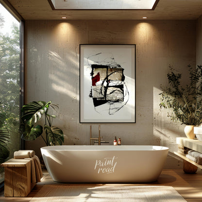 """Crimson Fragment"" presents a compelling abstract composition, juxtaposing geometric shapes with… for bathroom