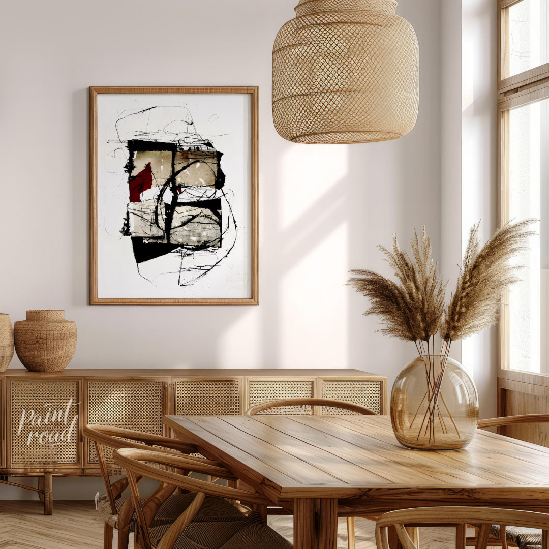 """Crimson Fragment"" presents a compelling abstract composition, juxtaposing geometric shapes with… for dining room