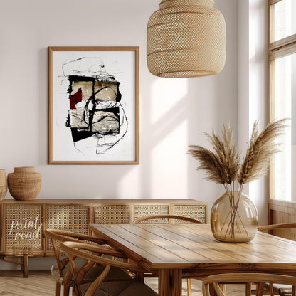 """Crimson Fragment"" presents a compelling abstract composition, juxtaposing geometric shapes with… for dining room
