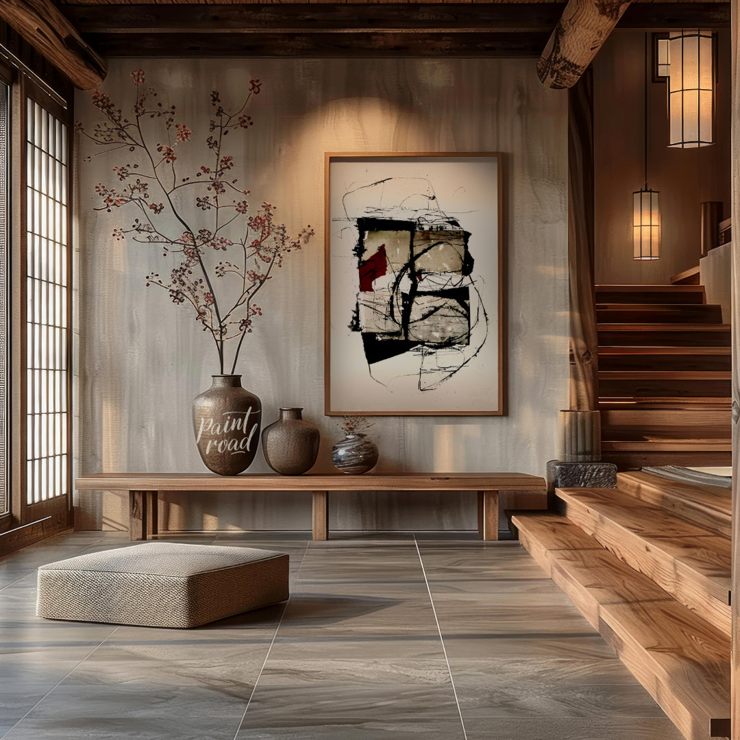 """Crimson Fragment"" presents a compelling abstract composition, juxtaposing geometric shapes with… for entryway