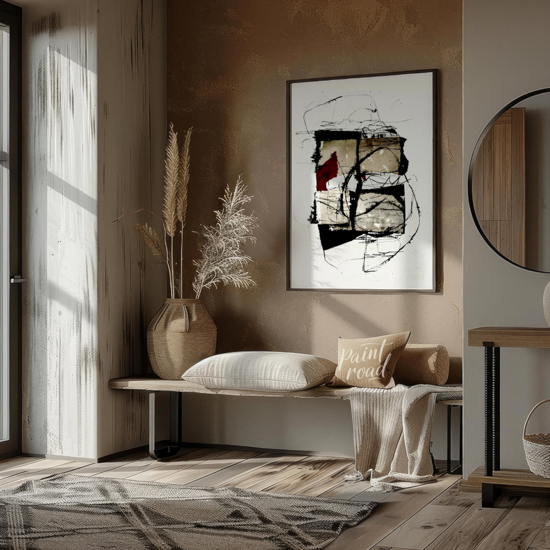 """Crimson Fragment"" presents a compelling abstract composition, juxtaposing geometric shapes with… for entryway