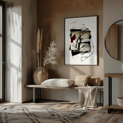 """Crimson Fragment"" presents a compelling abstract composition, juxtaposing geometric shapes with… for entryway