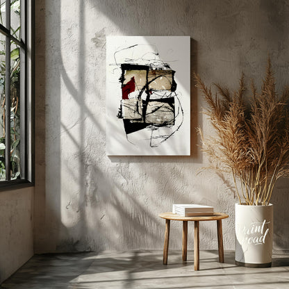 """Crimson Fragment"" presents a compelling abstract composition, juxtaposing geometric shapes with… for living room