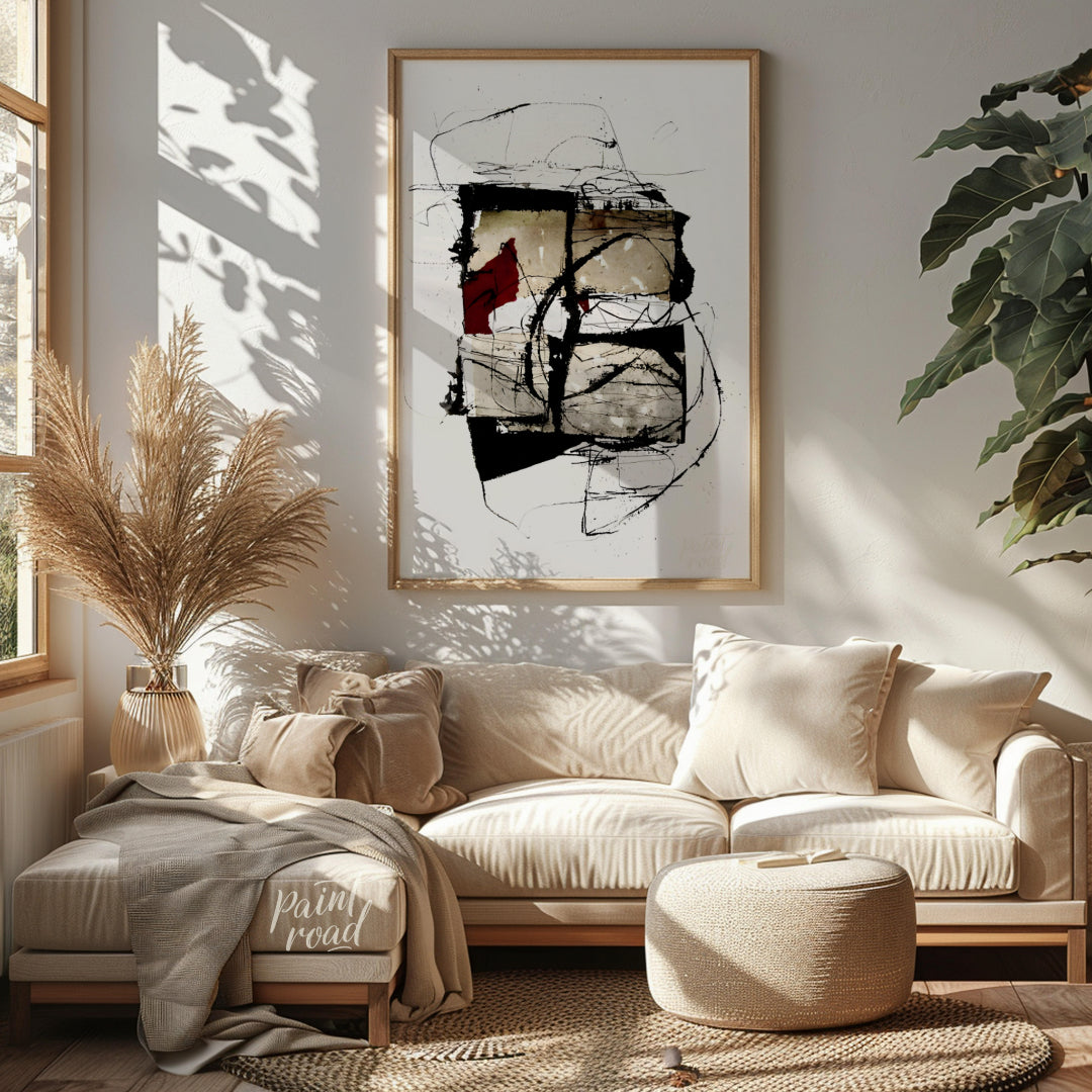 """Crimson Fragment"" presents a compelling abstract composition, juxtaposing geometric shapes with… for living room