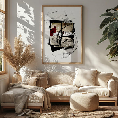 """Crimson Fragment"" presents a compelling abstract composition, juxtaposing geometric shapes with… for living room