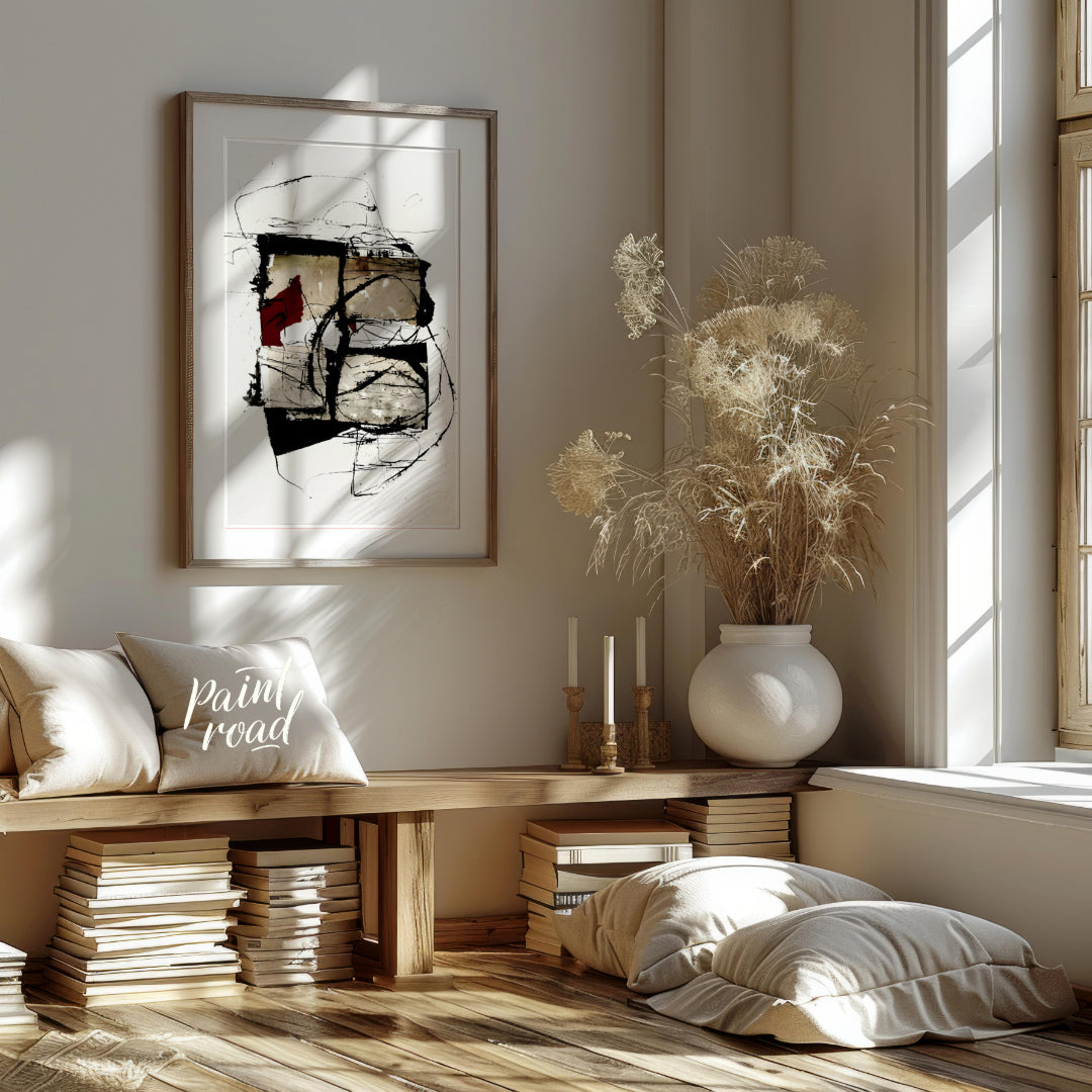"""Crimson Fragment"" presents a compelling abstract composition, juxtaposing geometric shapes with… for living room