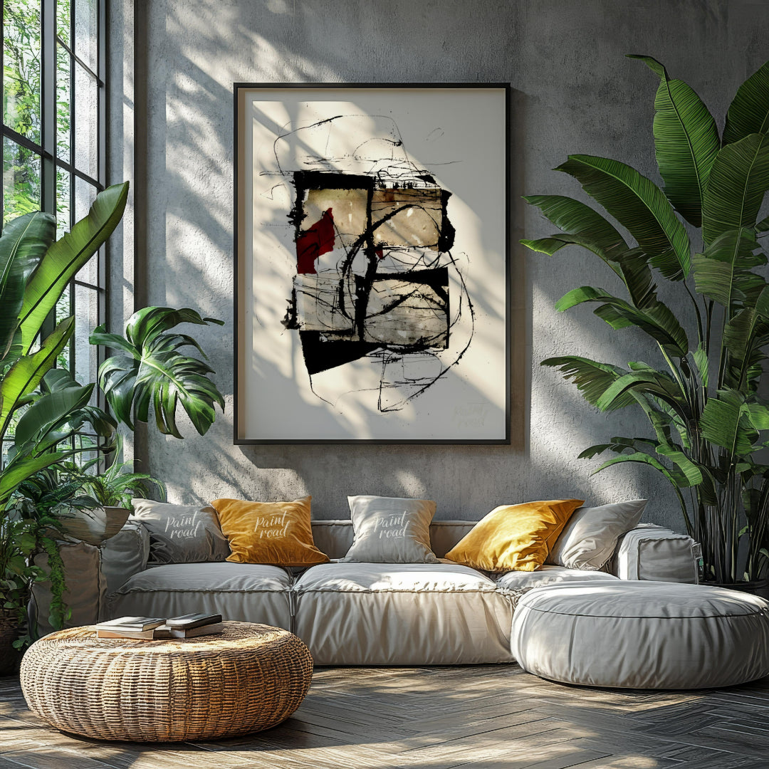 """Crimson Fragment"" presents a compelling abstract composition, juxtaposing geometric shapes with… for living room