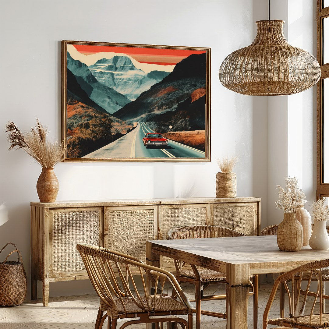 Capture the essence of adventure with this striking landscape painting, showcasing a classic car for Dining