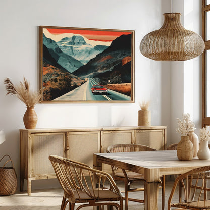 Capture the essence of adventure with this striking landscape painting, showcasing a classic car for Dining