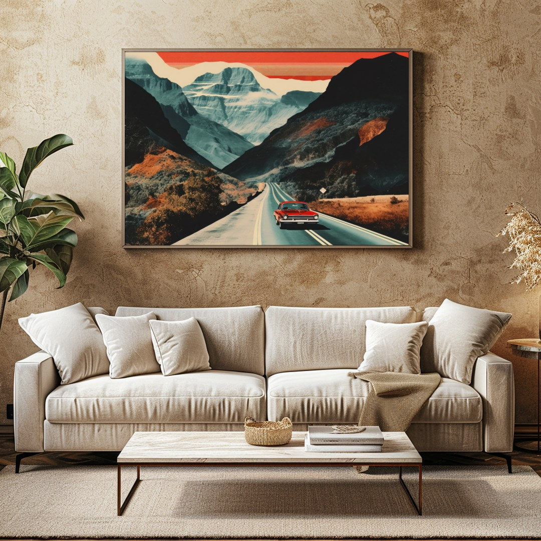 Capture the essence of adventure with this striking landscape painting, showcasing a classic car for Family Room