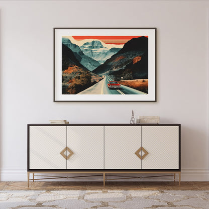 Capture the essence of adventure with this striking landscape painting, showcasing a classic car for Foyer