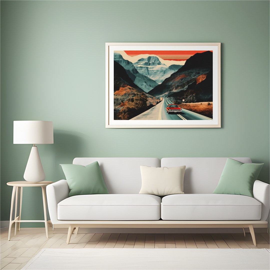 Capture the essence of adventure with this striking landscape painting, showcasing a classic car for Hall