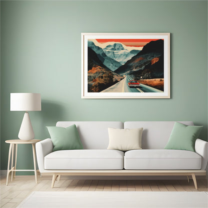 Capture the essence of adventure with this striking landscape painting, showcasing a classic car for Hall