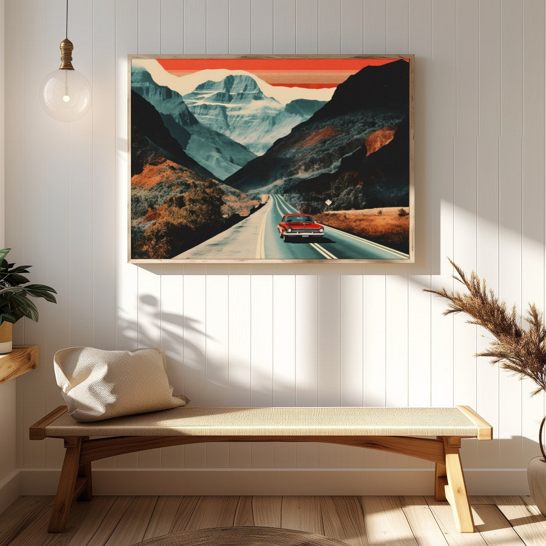 Capture the essence of adventure with this striking landscape painting, showcasing a classic car for Hallway