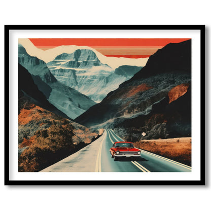 Capture the essence of adventure with this striking landscape painting, showcasing a classic car for kitchen