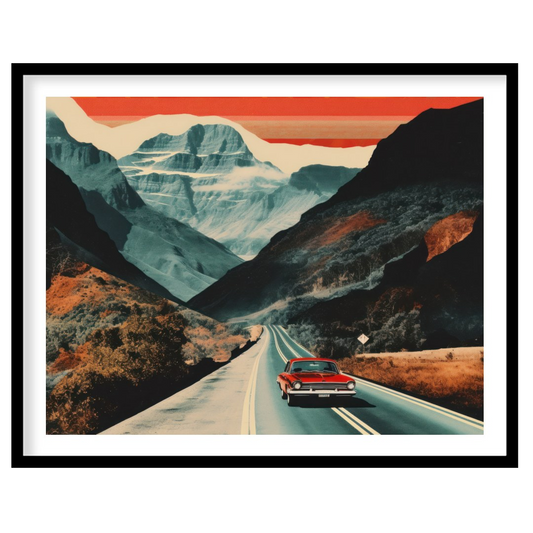 Capture the essence of adventure with this striking landscape painting, showcasing a classic car for kitchen