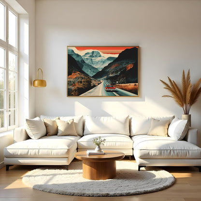 Capture the essence of adventure with this striking landscape painting, showcasing a classic car for Living Room