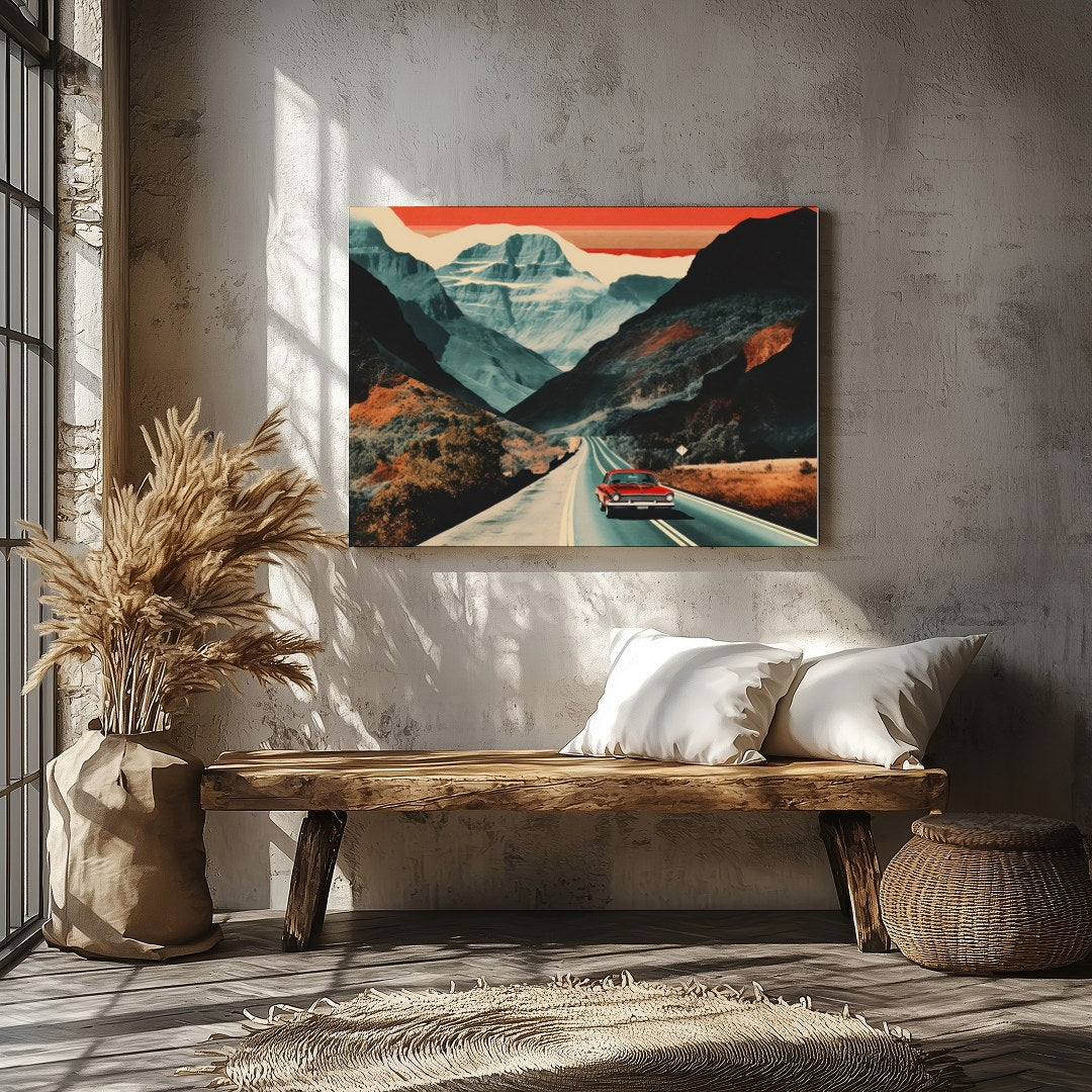 Capture the essence of adventure with this striking landscape painting, showcasing a classic car for Veranda