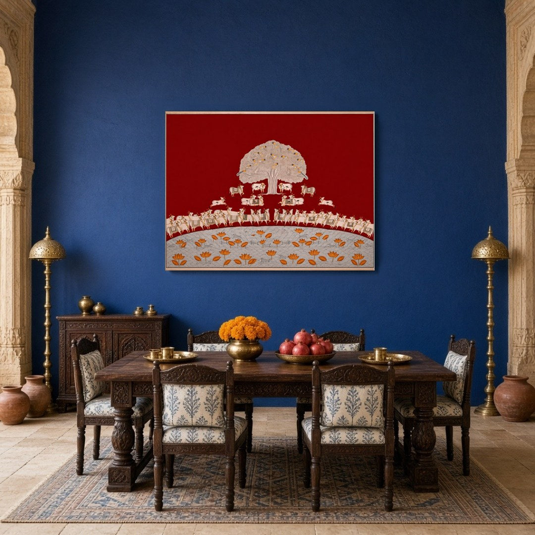 Immerse yourself in the rich tapestry of this crimson Pichwai art piece featuring the revered Tree for Dining