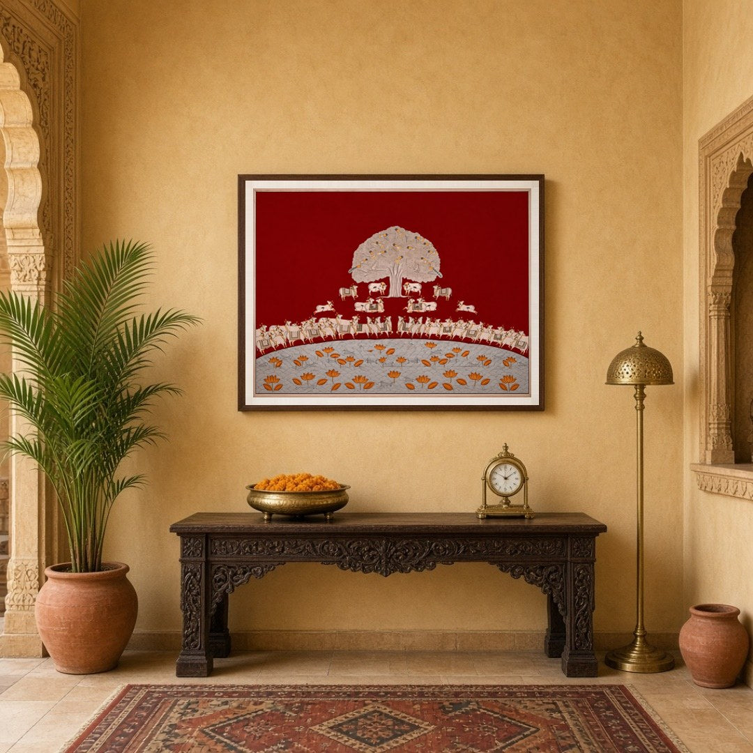 Immerse yourself in the rich tapestry of this crimson Pichwai art piece featuring the revered Tree for Entrance